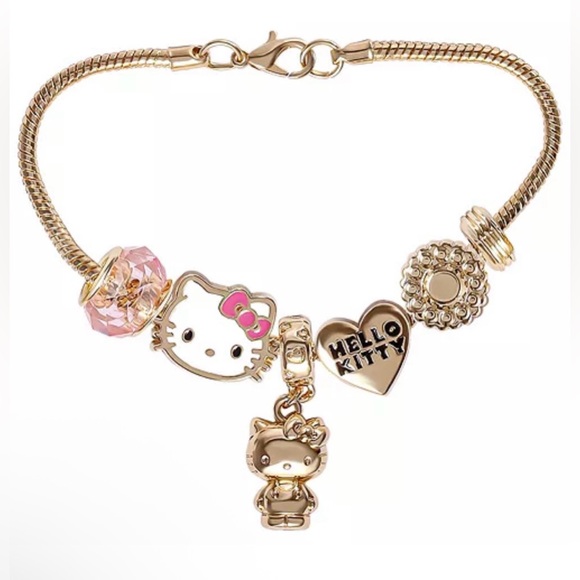 Hello Kitty 7'' Fashion Charm Bead Bracelet with Pink and Gold Tone Enamel Beads